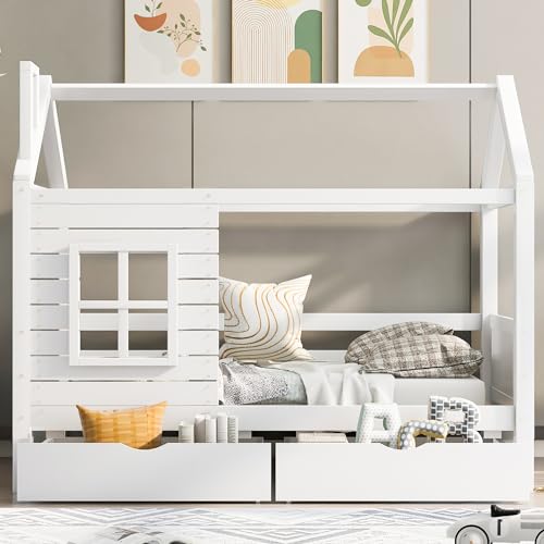 Azkoeesy Kinderbett 90x200 cm, Hausbett mit Fallschutz und großem Fenster, Rahmen aus Kiefer, MDF, für Kinder und Jugendliche (90x200cm/1 Fenster) von Azkoeesy