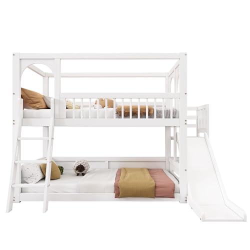 Azkoeesy 90 x 200 cm Etagenbett, mit Rutsche, Treppe, Fallschutz und Gitter, Kinderbett, Jugendbett, hochbett, für 2 Kinder, Kiefernholz, weiß von Azkoeesy