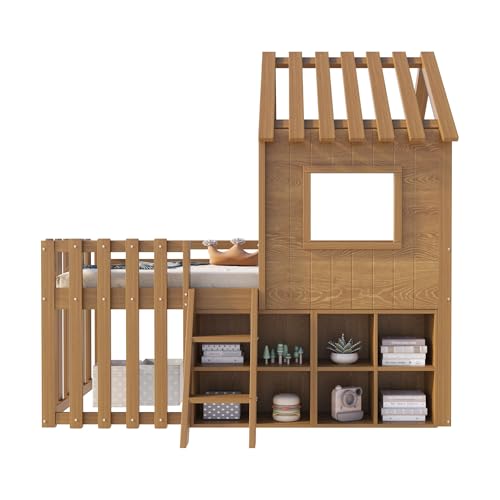 Azkoeesy Kinderhochbett mit Dach & Fenster | Hausbett 90x200 cm aus Massivholz (Kiefer) | Mit Stauraum, Fallschutz, Kletterleiter & Lattenrost | für Kinderzimmer (ohne Matratze, Holzfarbe) von Azkoeesy