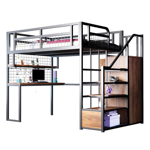 Azkoeesy Kinderhochbett mit Treppe, 140 x 200 cm, Metall Hochbett mit Schreibtisch und Kleiderschrank, Bücherregale, Wandgitter, Stabiler Metallrahmen, für Jugendliche und Erwachsene (Schwarz) von Azkoeesy