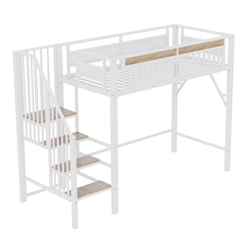 Azkoeesy Kinderhochbett mit Treppe, 90x200 cm, Sicherer Griff und Fallschutz im Fenster Design, Stabiler Metallrahmen, Einzelbett/Jugendbett/Kinderbett, Keine Matratze, weiß von Azkoeesy