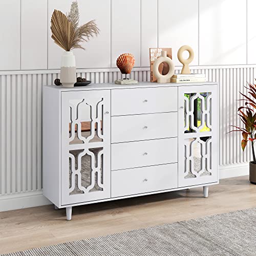 Azkoeesy Sideboard mit Türen aus Glasspiegel, mit kühlen Kristallgriffen, TV Kommode Anrichte Buffet Küchenschrank, für Wohnzimmer und Esszimmer, 147x40x102 cm, Weiß von Azkoeesy