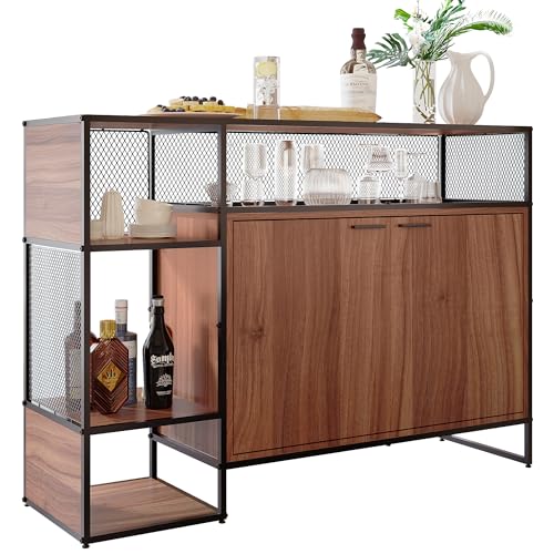 Azkoeesy Küchenschrank Kommode Sideboard Bartisch Esstisch, mit 2-Tür und Metallnetz Zaun, Industrie-Design, 138x93x40cm, Braun von Azkoeesy