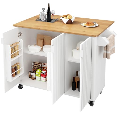Azkoeesy Küchenwagen mit Rollen und ausziehbarer Arbeitsplatte, 130 x 92 x 45-75 cm, Kücheninsel, Servierwagen, mit Türregalen, 3 Türen im Streifendesign, Top in Holzmaserung (weiß) von Azkoeesy