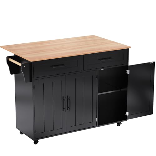 Azkoeesy Küchenwagen mit ausziehbarer Arbeitsplatte, 120x91,5x46-71cm, Kücheninsel, Servierwagen, Esstischwagen, 2 Schubladen, 3 Türen, verstellbare regaln, für Esszimmer (Schwarz + Natur top) von Azkoeesy