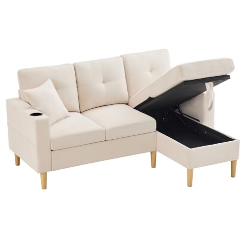 Azkoeesy L-Form Sofa mit Chaiselongue & Stauraum - Modernes 3-Sitzer Ecksofa mit Getränkehalter, 2 Kissen - 175x129x90cm - Für Wohnzimmer/Büro (Beige) von Azkoeesy