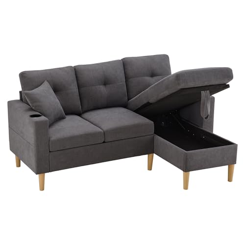 Azkoeesy L-Form Sofa mit Chaiselongue & Stauraum - Modernes 3-Sitzer Ecksofa mit Getränkehalter, 2 Kissen - 175x129x90cm - Für Wohnzimmer/Büro (Dunkelgrau) von Azkoeesy