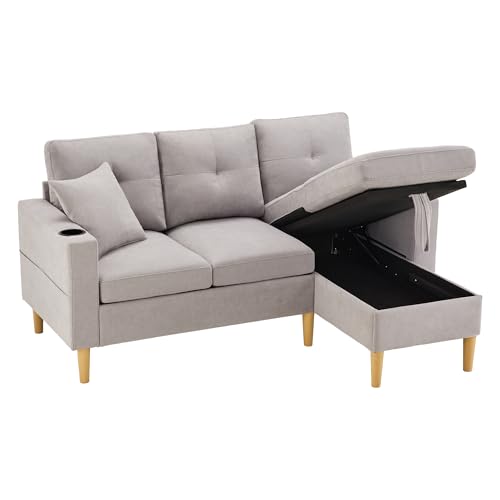 Azkoeesy L-Form Sofa mit Chaiselongue & Stauraum - Modernes 3-Sitzer Ecksofa mit Getränkehalter, 2 Kissen - 175x129x90cm - Für Wohnzimmer/Büro (Hellgrau) von Azkoeesy