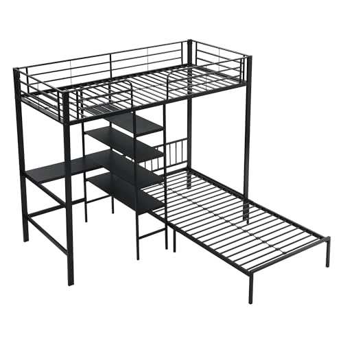 Metall-Hochbett mit Schreibtisch und 4 Ablagen, 90 x 200 cm, Etagenbett, geeignet für 2 Jugendliche und Erwachsene, Schwarz Metall-Hochbett mit Schreibtisch und 4 Ablagen, 90 x 200 cm, Etagenbett, geeignet für 2 Jugendliche und Erwachsene, Schwarz von Azkoeesy