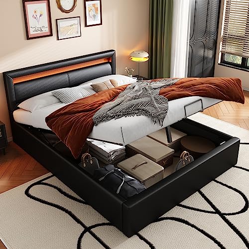 Azkoeesy Polsterbett mit Stauraum und Bettkasten, 140 x 200 cm, LED Jugendbett Doppelbett mit Kopfteil und Lattenrost, PU-bezug, Schwarz von Azkoeesy