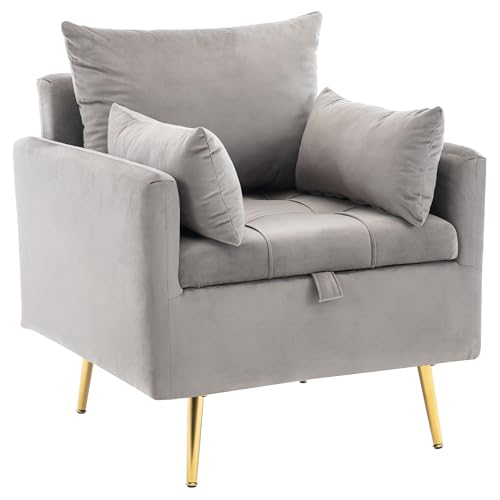 Azkoeesy Loungesessel Fernsehsessel Relaxsessel mit Stauraum und Kissen, Goldene Metallbeine, Samt Stoffsofa Einzelsofa für Wohnzimmer, Büro (Grau) von Azkoeesy