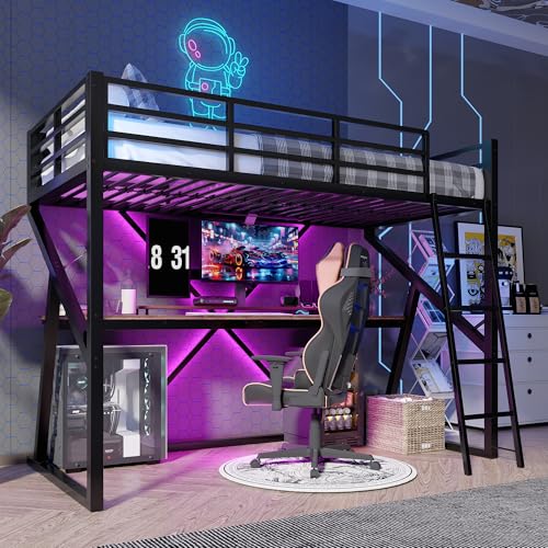 Azkoeesy Metall Hochbett, Gaming-Bett, mit Gaming-Schreibtisch/PC-Tisch 196x32cm, 7-Farben-LED, mit Fallschutz und Gitter, geeignet für Erwachsene, Jugendliche, Keine Matratze (Schwarz) von Azkoeesy