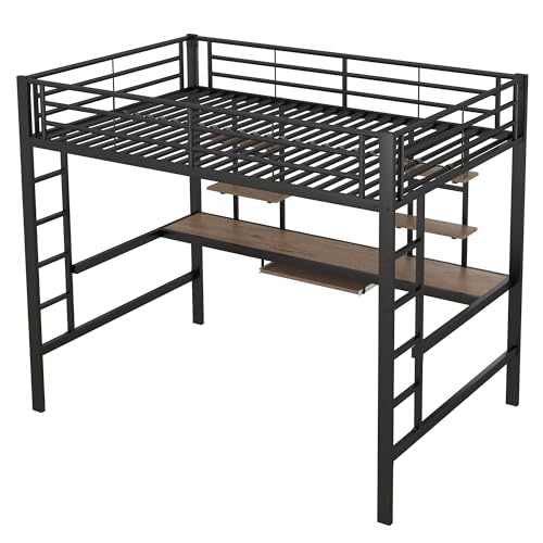 Azkoeesy Metall Hochbett mit Schreibtisch und 4 Bücherregalen, Doppelbett für Jugendliche und Erwachsene, schwarz (140 x 200) von Azkoeesy