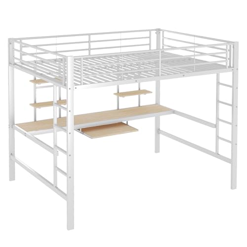 Azkoeesy Hochbett mit Schreibtisch, 140 x 200 cm, mit Tastaturablage, 4 Bücherregalen, Metallgestell und Fallschutz, für Erwachsene, Weiß von Azkoeesy