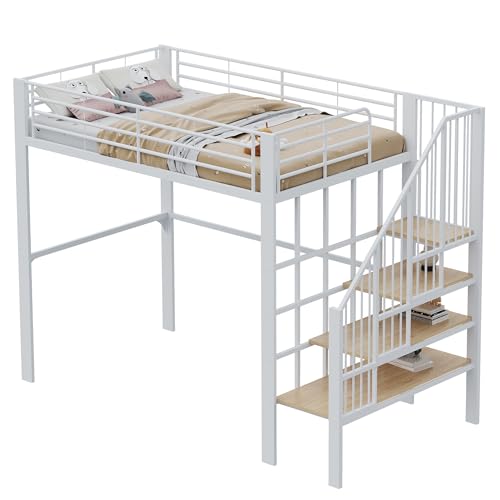 Azkoeesy Metall Hochbett mit Stauraum & Treppe - Stabiles Etagenbett für Kinder/Erwachsene, Platzsparendes Schlafbett mit 150 kg Tragkraft, Schwarz/Weiß (weiß, 140 x 200 cm) von Azkoeesy