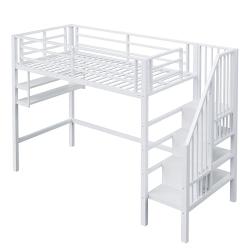 Azkoeesy Hochbett mit Treppe und Bücherregalen, 90 x 200 cm, Fallschutz und Gitter, Metallrahmen, Einzelbett, Jugendbett für Kinder und Jugendliche, für Erwachsene, weiß von Azkoeesy