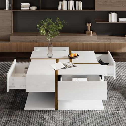 Azkoeesy Modern Couchtisch mit 4 Schubladen für Wohnzimmer, 78x78x36 cm, mit Stauraum unten, Liniendesign (weiß und Braun) von Azkoeesy