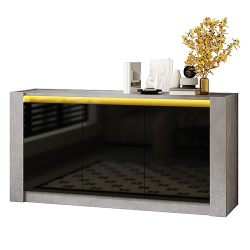 Azkoeesy Moderner Buffet mit 3 Türen in Schwarz Hochglanz, Küchenschrank, Sideboard 150 cm, LED-Beleuchtung, Drucköffner, für Wohnzimmer von Azkoeesy