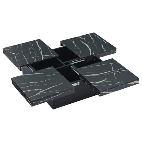 Azkoeesy Moderner Couchtisch 90 x 90 x 25 cm, Marmoroptik, Schiebbarer Tischplatte und 4 Schubalden, Quadratischer Kaffeetisch Wohnzimmertisch (Schwarz) von Azkoeesy