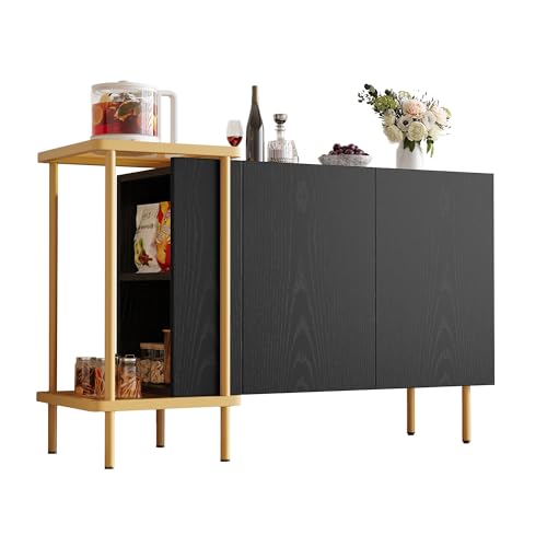 Azkoeesy Moderner Sideboard Buffetschrank, 120 x 40 x 77,5 cm, mit Goldenen Metallbeinen, 2 Türen und Offener Stauraum (Schwarz) von Azkoeesy