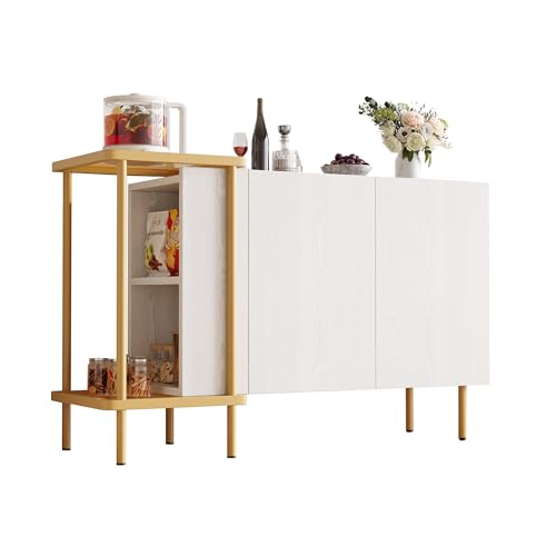 Azkoeesy Moderner Sideboard Buffetschrank, 120 x 40 x 77,5 cm, mit Goldenen Metallbeinen, 2 Türen und Offener Stauraum (Weiß) von Azkoeesy