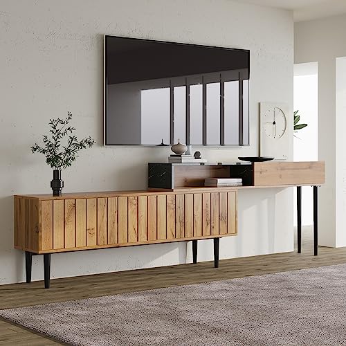 Azkoeesy Fernsehschrank TV-Schrank 200 cm TV-Lowboard, mit Stauraum, Länge Verstellbar, 129 cm bis 200 cm, mit PVC-Kante und Metallbein von Azkoeesy