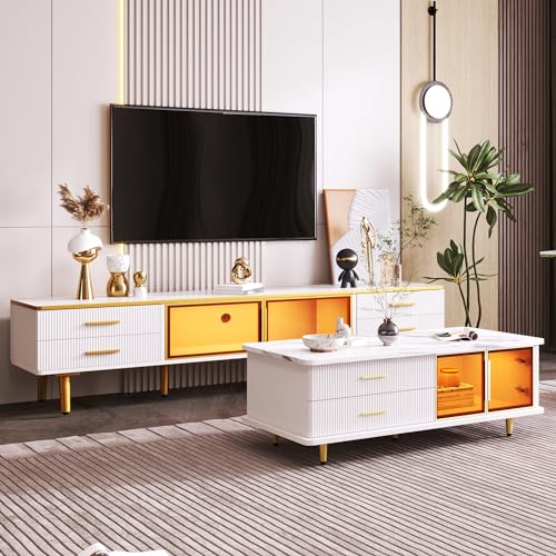 Azkoeesy Modernes Wohnzimmermöbel-Set, Couchtisch & TV-Schrank, mit Glastür, goldenen Metallbeinen und -Griffen, Tischplatte mit Marmormuster (2, 2er /Set) von Azkoeesy