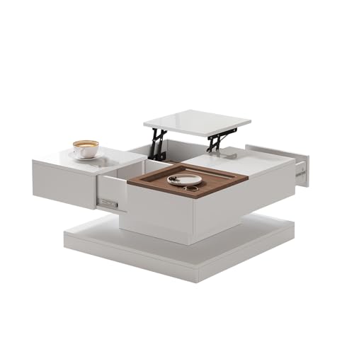 Azkoeesy Multifunktions Couchtisch 75,5x75,5x38 cm‌ - Höhenverstellbarer Kaffeetisch mit 4 Staufächern | Hochglanz weiß | Tasse Tablett - für das Wohnzimmer von Azkoeesy