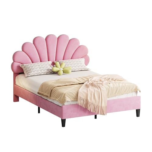 Azkoeesy Polsterbett, Doppelbett, 140x200 cm Bettrahmen mit Muschelform Kopfteil， mit Lattenrost, Gästebett, Jugendbett, Mädchenbett, Bezug aus Samt (Rosa) von Azkoeesy