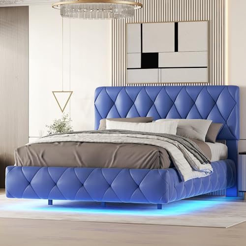 Azkoeesy 140 x 200 cm Polsterbett mit LED-Licht, mit Lattenrost, Jugendbett Doppelbett aus Kunstleder in Diamantmuster (Blau) von Azkoeesy