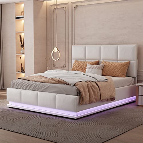 Azkoeesy Polsterbett 140x200 cm mit LED Licht und Bettkasten, Doppelbett, Jugendbett, mit Stauraum, mit hydraulisch, Bezug aus PU-Leder (Weiß) von Azkoeesy
