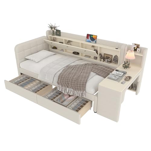 Azkoeesy Polsterbett Schlafsofa 90 x 200 cm, mit 2 Schubladen und Schreibtisch, mit Stauraum, Kopfteil und Lattenrost, USB & Typ-C Anschlüsse, Leinen-Bezug, Beige von Azkoeesy