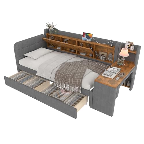 Azkoeesy Polsterbett Schlafsofa 90 x 200 cm, mit 2 Schubladen und Schreibtisch, mit Stauraum, Kopfteil und Lattenrost, USB & Typ-C Anschlüsse, Leinen-Bezug, Grau von Azkoeesy