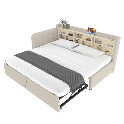 Azkoeesy Polsterbett Schlafsofa 90 x 200 cm, mit Ausziehbett, mit Stauraum, Kopfteil und Lattenrost, USB & Typ-C Anschlüsse, Leinen-Bezug, Beige von Azkoeesy