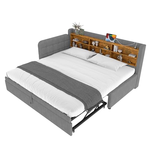 Azkoeesy Polsterbett Schlafsofa 90 x 200 cm, mit Ausziehbett, mit Stauraum, Kopfteil und Lattenrost, USB & Typ-C Anschlüsse, Leinen-Bezug, Grau von Azkoeesy