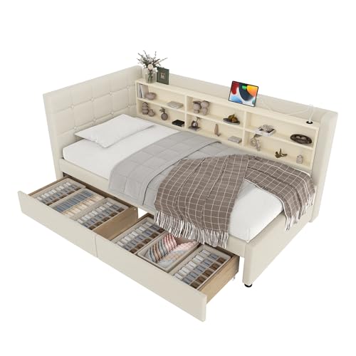 Azkoeesy Polsterbett Schlafsofa mit Stauraum und Schubladen, Kopfteil und Lattenrost, USB & Typ-C Anschlüsse, Leinen-Bezug, Weiß (Beige) von Azkoeesy