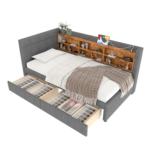 Azkoeesy Polsterbett Schlafsofa mit Stauraum und Schubladen, Kopfteil und Lattenrost, USB & Typ-C Anschlüsse, Leinen-Bezug, Weiß (Grau) von Azkoeesy