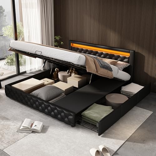 Azkoeesy Doppelbett Polsterbett mit Stauraum, Bettkasten und 3 Schubladen, LED-Beleuchtung, Knopfheftung, Kopfteil und Lattenrost, PU-Bezug (Schwarz, 180 x 200) von Azkoeesy