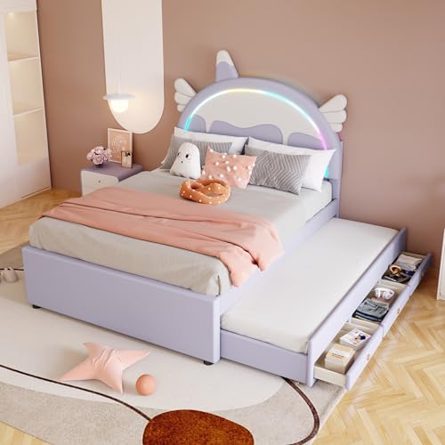 Azkoeesy Polsterbett mit LED-Licht, mit Ausziehbett und 3 Schubladen, mit Lattenrost, mit Kopfteil in Einhornform, Doppelbett für Kinder, Mädchen, Jugendliche, Bezug aus PU (Violett, 140x200 cm) von Azkoeesy