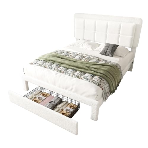 Azkoeesy Polsterbett mit Stauraum Schublade, Teddy-Samtbezug, USB, LED-Beleuchtung, verstellbares Kopfteil, Einzelbett, Doppelbett, für Kinder und Erwachsene, weiß (140 x 200 cm) von Azkoeesy