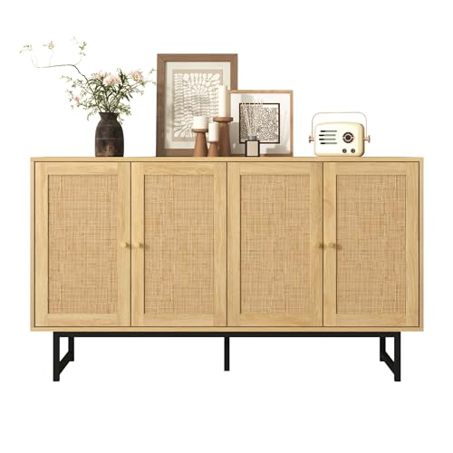 Azkoeesy Rattan Sideboard 140 cm, mit 4 türen, schwarzen Metallbeinen, Landhausstil, Küchenschrank, Buffet, Naturfarbe Azkoeesy Rattan Sideboard 140 cm, mit 4 türen, schwarzen Metallbeinen, Landhausstil, Küchenschrank, Buffet, Naturfarbe von Azkoeesy