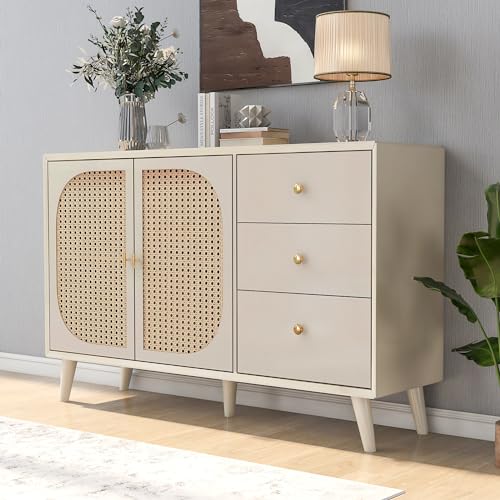 Azkoeesy Rattan Sideboard mit 2 Rattan-Türen und 3 Schubladen, 120 x 40 x 82 cm, Kommode Küchenschrank Buffet TV-Schrank Gartenmöbel für Wohnzimmer (Offwhite) von Azkoeesy