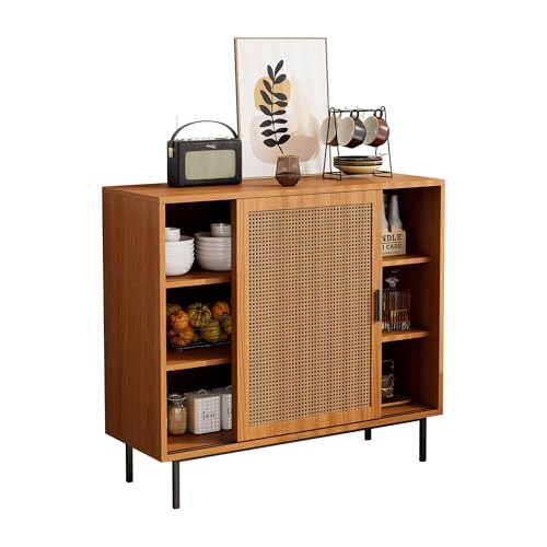 Azkoeesy Rattan Sideboard mit Schiebetüren, Walnussfarbe, 100 x 90 x 37 cm, Landhausstil Buffet Wohnzimmerschrank von Azkoeesy