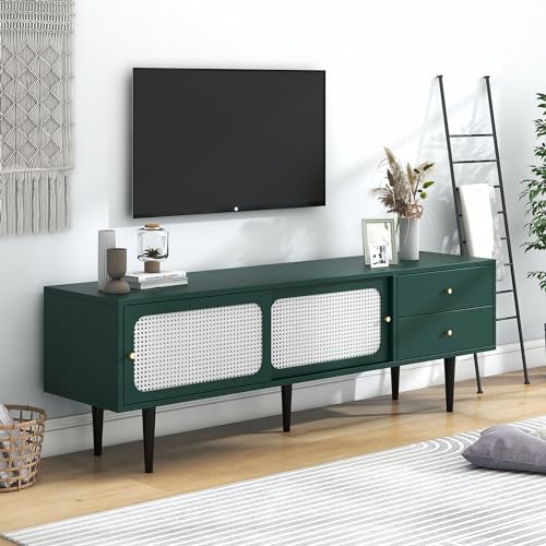 Azkoeesy Rattan TV-Schrank 160 cm, Stilvoller Fernsehschrank Lowboard mit 2 Rattan-Schiebetüren, 2 Schubladen, Metallbein (Grünes) von Azkoeesy