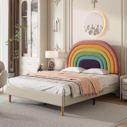 Azkoeesy Regenbogen Polsterbett mit Kopfteil und Lattenrost, Bezug aus Samt, Gepolstertes Doppelbett Jugendbett, Max 300kg (Beige,140x200cm) von Azkoeesy