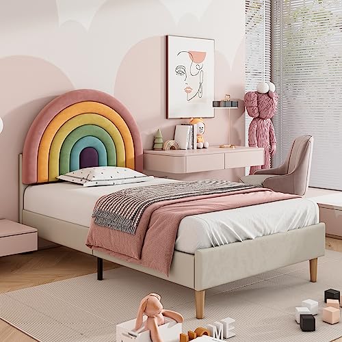 Azkoeesy 90x200 cm Polsterbett mit Regenbogen Kopfteil und Lattenrost, Einzelbett, Jugendbett, Bezug aus Samt (Beige,90x200cm) von Azkoeesy