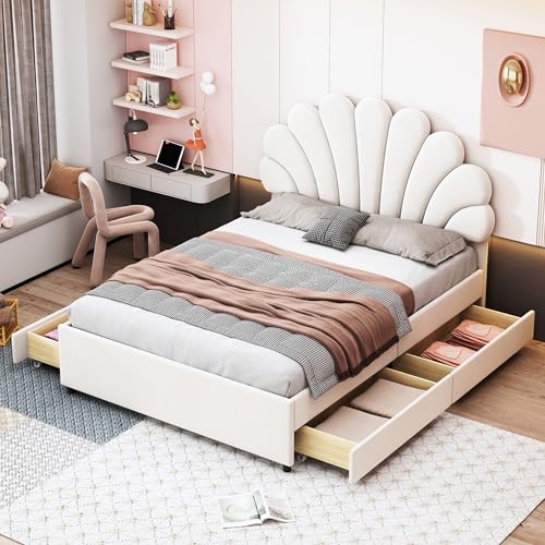 Azkoeesy Samt-Polsterbett mit Muschelkopfteil, 2 Schubladen für Stauraum, Einzelbett/Doppelbett mit Lattenrost, Weiß (Beige, 140 x 200) von Azkoeesy