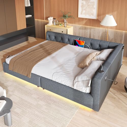 Azkoeesy Schlafsofa, Tagesbett, Polsterbett, mit LED-Beleuchtung und USB/Typ-C Ladefunktion, Klassische Knopfheftung Dekoration, (Grau, 140 x 200 cm) von Azkoeesy
