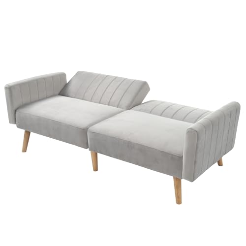 Azkoeesy Schlafsofa Tagesbett 178 cm / 2-Sitzer Samt Stoffsofa mit Schlaffunktion, Gummiholzbeine, Klappbare Rückenlehne mit 3 Stufen (Antik-Grau) von Azkoeesy