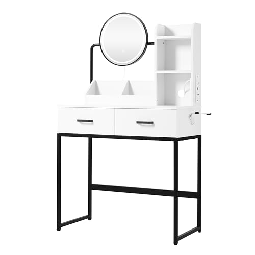 Azkoeesy Schminktisch Weiß mit LED & Drehspiegel – 2 Schubladen, Offene Ablageflächen, Metallgestell Schwarz, Inkl. Polsterhocker & Steckdosen | 80x138,5x40 cm Azkoeesy Schminktisch Weiß mit LED & Drehspiegel – 2 Schubladen, Offene Ablageflächen, Metallgestell Schwarz, Inkl. Polsterhocker & Steckdosen | 80x138,5x40 cm von Azkoeesy